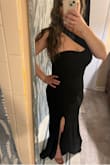 Love this dress!! I wore it to a cotillion and it was so perfect, the fabric is a little heavy, so you don't have to worry about any undergarments showing. My tummy is not flat, so this cut was so perfect to show off my curves and hide my imperfections. The slit gives it just the right amount of sexy! I am 5'2 and even with 3" heels it was touching the floor, not enough to look bad, but I might hem it. - Leandra M.