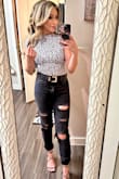 These jeans are very cute but slightly uncomfortable. They have 0 stretch and are very tight on my thighs but they fit my waist perfectly. If I had sized up I would have had to get the waist taken in. I have thicker legs so I usually need stretchy denim but I still wear them and make them work because they are cute! - Joanna F.