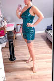 I was a little afraid to buy it because it was final sale but it's true to size, does not itch at all, perfect length to go for a night out, adjustable straps. Really good purchase. Ps. IMO, the green looks a little more aqua than emerald, but still very pretty! - Mayra C.