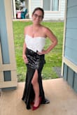 I bought this for a military ball and it's absolutely gorgeous! The top is just about perfect even with my giant boobs, which are incredibly hard to shop for. I love that it's not super low cut yet still gives a sexy vibe. With the skirt, I'm in the short club and have 2" heels on and do need to get it hemmed. Not a big deal bc I have to do this regularly and it's expected.
The material has a little stretch to it, which is good for when it's needed after eating a good meal!
Overall, I would 100% buy this again! - Kristen C.