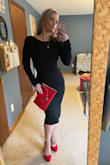 Obsessed with this dress. Material is thick, stretchy, and forgiving. Being 40 I was worried I'd be "too old" for this dress, but I wore it out for my birthday dinner and it was stunning. Non-stop compliments and now my go-to little black dress. I used a stick-on bra for avoiding any saggy boobs = but you don't necessarily need one, the material is thick and not see-through. I'm in between a size 6 & 8 in pants, and lean more towards a 6 in dresses and went with a small and it fit perfectly.

I hand-washed it and hung it to dry. There was no tag indicating dry cleaning so I didn't want to chance it. - Robin D.