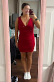 This dress fits so nicely! I love the shade of red, and the material has the perfect thickness. It has a little stretch to it, and the length is just long enough that it is not too short. It is very flattering, and the back is so pretty! It is perfect for a semi-formal event! - Raegan R.