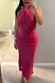 I bought this in a XS (I'm typically a S) but I think this works because the way it fits in the middle would've been too loose in a S but it gives more shape and cinches as an XS. Because of that there's sort of a natural fold in the waist line, but I don't mind because it sits in a spot that actually works. Great color (really vibrant) and good for summer/spring weddings. Definitely going to keep! - Katherine L.