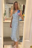 This dress exceeded my expectations. I was trying out a classy midi-length dress style to change from my norm above-knee or long. It is the perfect length, very sleek and modest at once. Hangs beautifully and has a tie to pull in the waistline most flattering on you. Color is vibrant and the material is elegant. Sometimes I wear a medium, but this one definitely a small. Highly recommend. - Krista N.