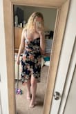 I love this dress! It fits well - a tiny bit tight for me, but I wouldn't change my size. I spoke with an employee about the size as I'm typically between S and M, and she recommended S, which was right! M would definitely be too big for me. I can't wait to wear this for a wedding! - Lauren J.