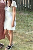 I loved this dress but not as my wedding dress and I just couldn't bring myself to return it. So, I shortened it for my bridal shower and it was perfect! It's nice and stretchy and comfy yet the open back and flutter sleeves are romantic. - Lauren M.