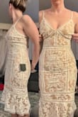 A lot of the reviews I read didn't advise with the fit, I was back and forth with sizing for a week before I purchased.  I typically wear a 6 in women's clothing, I'm 5'7, feel smaller than a 34c on top, and definitely have some hips. I have an "un-toned" athletic body and I ended up purchasing a size small dress. The dress is a nice lace fabric and I like the skin-colored lining.  In the photo, I am wearing a size medium VS/Pink bra with the dress, and my ladies look sad as the dress is too large in the breast area. I found the white is not a bright white it pulls beige undertones from the lining. It is fitted, very fitted and the tightest spot is the lower thigh area which makes walking a little constricted. Also the straps, Why are they bungee cords?!!! The rest of the dress is so structured, and the straps are so flimsy, it makes no sense. 
Have not decided if I am keeping it yet as I bought it for my 10yr wedding photos this summer. - Cailyn B.