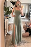 Love the shape and color, but I would size down. The length was okay with heels on but the waist and bust were too loose on me. I wish the skirt was a bit lighter, it has too much fabric in my opinion. - Sydne A.