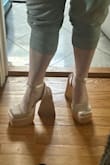 These shoes were too big on me, but also just way clunkier and more awkward than I anticipated. The heels are awkwardly shaped so they almost hit each other when you're walking. The shoe also is too big even though I am almost always a 5.5 dead on. My heel is like half an inch or more from the edge so they just look awful. If they weren't final sale I'd return them in a heartbeat. - Jaime R.
