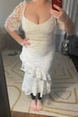 Measurements: 5'2, 40" 30" 42" 160-165lbs, 36DD-36DDD. Size ordered: L
I wanted to like it, but it just fit me so weird. The bottom and middle section were fine, but I don't think it's meant for people with big boobs. The torso part ended up looking short? Like my nipples were going to pop out if I moved. I think my shoulders might be too broad for it as well due to the sleeves feeling very tight. But that also may be due to my boobs being too big. Warning, Sleeves have no stretch to them. I also wish the zipper in the back was nicer, it felt clunky, and didn't match the dress. - Megan W.