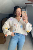 I got this sweater in a size L (I'm usually a small/medium in most tops) but the large was the only size left and I actually love how oversized it fits! I think if I were to get a medium it would definitely be a more fitted look but I kind of like the large. I don't think it's necessary to size up but if you're looking for the really oversized fit, then I'd size up! Over all super cute for spring! - Gabrielle F.