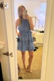 I normally wear a medium in all Lulus clothes but this I ended up sizing down so it wouldn't gape under the arms. The waist is stretchy, so sizing down wasn't a problem there. It looks like a solid color in the photo but it's a light and dark blue pattern. Love the dress! - Rebecca H.