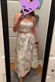 This set is gorgeous but the top runs small and skirt is true to size. I am usually a XS or S in Lulus. The S top barely fits me (32D) - it has no stretch at all. The skirt is so beautiful, lined so it isn't see-through, and runs true to size. I tried to exchange for a M and the top fit me, but the skirt was too big so I ended up returning it and keeping the S. - Lauren D.