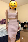 Ordered the XS and Small to check sizes.  The XS fits ok, the skirt is a bit tight but the top is way too small. I thought I'd have to rip it to remove the top! So definitely going with the Small. The pink color is super cute & I love the slit. - Nicole S.
