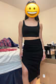 Love this outfit! The slit is super cute and love the top. Only issue is that the elastic on the skirt is a little loose for my waist, but it fits on my butt & thighs! Can't wait to wear it. - Nicole S.