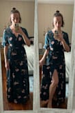 I love a good wrap dress -- it feels like I'm wearing a fancy robe. The pattern and color of this dress are great, and it's definitely long enough for me, even after washing it (and hanging to dry). The tag says to hand wash, but I put it in a small load of other hand-wash pieces and ran the washer on cold and delicate and I don't see any snags or rips or anything. It feels heavier than I was expecting, which is probably good for fall weather, and I plan to wear it for our courthouse wedding this fall! - Helena S.