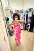 There were not reviews when I bought this dress so I have not clue that I will like the fit The material feel so  soft on my skin, it has a bit of stretch. The straps on the shoulders are adjustable as well as the ties that wraps around the back so you can pull them tighter around your back and waist. It really wasnt made for larger breast.The cups of the dress are smaller than I expected,  my boobs are  spilling a little over the top. Its a little big in the hip area but not notable.  love the dress and made me feel beautiful. I bought the Alta Orchid Suede lace-up heels too. - Maria S.