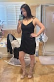 The fabric is on the thicker side but feels very nice! Not see through either which is nice. The chest area is lined so you don't really need to wear a bra but I would wear a cover just in case~ The only thing I don't like is that it doesn't have an adjustable shoulder strap which is honestly a little surprising. The dress is bodycon so it does hug your figure and curves (I just don't know how to take flattering pictures of myself LOL). Definitely worth it on sale but I probably wouldn't pay full price for it. - Lexie J.