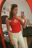 Love this red bodysuit! Was very comfortable material and very flattering. I have a smaller chest, but the neckline was very flattering for me. - Kelsey L.