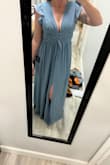 Very comfortable and true to size! I bought a small, Im 54 135lbs 34D chest. Perfect length with heels on. I like that the top straps have a little rubber on the inside to help it stick to your skin. Im going to wear this to my sisters wedding! - Laura S.