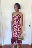 This dress runs big so size down. It is a rather thick material but a nice fit. Loose under the underarm area. I added padding to the boob area for a fuller look. Overall loved the dress. I am 5'7 small upper. - Shalece S.
