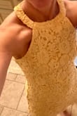 This dress fit perfectly. I sometimes wear a x small but after reading reviews I decided on small. The dress isn't tight but not baggy either. The color is a beaten sunshine yellow. This dress hits at exactly the right length. Not too short but not long either. This dress is great for anyone who likes sleeveless. I can't wait to wear this!! - Corinna P.