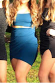 The overall fit is great! I wore this to homecoming and absolutely loved it. FYI big booty girls SIZE UP because it will be pretty short on you. I checked the size chart and I was a large, but it kept riding up higher and higher all night. I'm usually a medium/large in bottoms and medium in the top. The material is super stretchy and comfortable. I wore it with some nude heels would totally recommend! - Avery S.