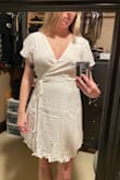 This is a pretty, basic dress. I was a little just underwhelmed by it so decided to go with something else. The fabric was nice and I liked that it has sort of a safely tie built in so only one side will come loose if the wrap is undone. - Erin W.
