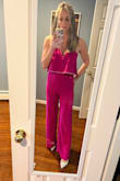 Its like this jumpsuit was made for me. I have a very athletic build (curves, who??). The legs were just long enough for heels, the top stays up and the color is beautiful. Got compliments all night. I added a rhinestone trim to the edge of the top fabric and wore matching rhinestone heels so I didnt have to wear any jewelry bc The outfit sparkled enough. 100% recommend this jumpsuit - definitely worth it - Kathleen P.
