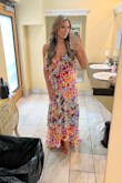 This is my first Lulus purchase and I am completely impressed. This dress looks just the same in person as it does in the photo. Lovely chiffon fabric that was perfect for a breezy day. The colors were vibrant and the fabric is low maintenance with no ironing needed. My street size is 4 - I ordered a small and it fit perfectly. Many compliments received. - Renee W.