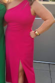 Great dress, great color! I did have the strap taken up and the slit in the strap sewn to be less revealing. So many compliments!  I am usually a size 10/12 and the XL fit great; not too tight. - Julia W.