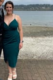 I wore this dress to a friends wedding and got lots of compliments! The material and color are great. It holds shape but also gives some stretch. Sexy but classy! The only downside was that one side of the top kept pulling back and showed some of my bra in pictures. Otherwise I loved it and will wear it again! - Stacy M.