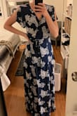 I loveeeee this dress. I'm 5'9 and this hits the floor almost exactly. I prefer to wear flats so this will work perfect for me, but if you did want to wear heels and you're the same height as me or taller, the dress will not hit the ground.
I bought this for a spring, barn wedding and it's the perfect weight. It's not super thin but also not so thick that I'll be sweating like crazy.
I did order a size small originally, which fit but the waist felt a little baggy. It definitely would have worked for me, but when I got the xs, that size did fit better. - Kelsey T.