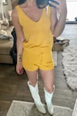 Bought this yellow top + matching shorts. I'm always XS in everything including this top (fits perfect) but I sized up in the shorts to a size Small for some added length/comfort - definitely recommend sizing up in the shorts as these size Small are perfect and I feel comfortable enough with the length to wear them out and about. PLEASE bring this set in in a chocolate brown or dark beige! - Erin L.