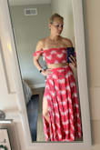 Very pretty! True to size. Im usually a size 4-6 and A small fit well. The bottom is more forgiving size wise than the top, since you could just wear the skirt up a little higher. It's long, like the other reviews say. I'm almost 5'8" and it will be fine with a slight heel. Slightly see through/thin material is my main complaint - have to be careful where I wear this. Fine on vacation - Laura P.