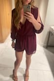 I love this romper! It's super cute. I felt like mayyyybe it ran a little larger than anticipated but it still looked good. Comes with a little button to make it more modest but I removed it to look more like the model photo. Lots of compliments! - Jamie S.