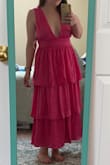 I usually don't opt for low-cut dresses, but the color and shape of this dress were too stunning to pass up! The material has a very interesting "brushed" texture/look almost like velvet, but the material is satin. The fit of the top was perfect; I didn't feel like anything was going to accidentally slip. The length was good and hit just above my ankle, which is where most "midi" dresses tend to hit me due to my height. Overall, I won't be wearing this to the even I originally had in mind, but I'm still glad I ordered it. I will be keeping it in my closet until I find the right even to let it shine. - Sarah M.