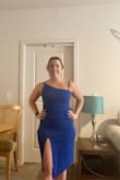 I'm between medium and large sometimes (size 8-ish), and the large was definitely the better fit for me with this dress!! The material does have some stretch but the zipper was too tight for me in the medium. The slit is amazing and I don't think it's too high, just revealing enough to be cute and sexy. Perfect for a wedding! The blue is amazing and the dress is so flattering! - Paige M.