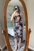 I was looking for a cocktail dress for a wedding. The shape and print are so flattering, but the material is light, comfortable and easy to move in. If you have bigger boobs I recommend having a solid strapless bra or one that will blend in with the dress. I feel so good in it! - Elizabeth C.