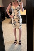 I just want to say the dress is cute but it didn't do anything for my body. It was form fitting but loose. I do not have hips, so it was bunchy in my hips. The dress doesn't have much give so it wasn't super comfortable either. Hey, it may work for you though :) - Jillian W.