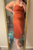 If you want to be complimented all night, feel your absolute best and love the way you look you NEED this dress. I have a hard time finding dresses that compliment my curves, stomach, and chest all at the same but this dress does everything I need. Wore the bronze color as a guest to a wedding and got so many compliments from literally everyone!! I'm tempted to buy it in every color. The material is so soft and light. The only downsides: You'll definitely need a steamer to get out those tough wrinkles, and my breasts had a hard time staying in the dress while dancing, but other than those two issues this dress exceeded my expectations. I've recommended to all of my friends! - Maddie R.