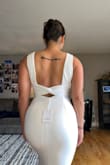I bought this dress for my courthouse wedding. Super simple and elegant. I got so many compliments on the dress. The fit was perfect. I have more of an athletic build so sizing is ALWAYS a problem for me. I bought a size M and honestly was the perfect fit. - Angela Z.