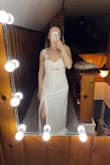 I got this dress for my bridal shower/engagement photos. It is so comfortable, fits perfectly everywhere besides needing to be hemmed a bit. And even though it's a white dress, it really isn't see-through (I'm wearing navy underwear in the second picture and you can barely see it) - Jenna T.