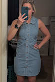 A great summer dress. Fits pretty true to size with very minimal stretch. Really only a TINY bit of stretch where it ruffles. Flattering fit and it's not too short or too long. Comes to middle of my quads. 5'5" 126lbs 24" waist. - Devan K.