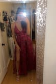 I listened to the reviews and sized up, I am typically a medium and got a large, and literally fits like a glove. SO gorgeous, I plan on wearing it to a wedding in Italy this summer and it could not be more perfect. I have a bit of a smaller chest and I plan on wearing boob tape to make the girls look a little more lifted, but the straps are adjustable, so if you feel like it's too low you can adjust it a bit!! I'm so excited to wear this dress - Katie B.