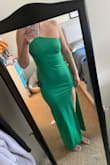 LOVE this fit! If you're short you'd def have to get it altered as I'm 5'8 and it fits me like a glove with heels and doesnt drag on the floor! Great color and material - Jenay L.