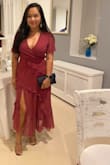 This dress is beautiful! I'm a 6-8, medium; I listened to the reviews and sized up and got an L. Because the dress has no stretch to it, the L was perfect for me. Gave me enough room to breathe and move comfortably while still hugging my curves in all the right places. I've got nice compliments. The color is more like magenta and not red/maroon like shown in the model's photo but that wasn't a problem for me- I actually liked the color better. - Jane T.