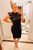 This dress was perfect for a dinner we had in Vegas for business. The stretch in the dress was just right! Just enough to fit over the bump, but didn't feel too big or too tight. Wearing a size medium which is my TTS - Anna G.