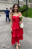 I bought this for my sister's wedding and it was perfect. I've gained some weight and wasn't sure how it would look and didn't want anything too tight. The ruffles were fun and flirty and made me feel comfortable all day. I would normally buy a medium in dresses but not knowing the sizing I bought large and it was perfect. - Courtney T.