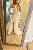 I found this dress when looking for a beach elopement gown. I looked at the reviews & was hesitant because it was sheer but couldn't stop thinking about the dress. It is perfect!!!! The dark tan bodysuit covers just enough to make you feel covered. The dress is very sexy yet classy. Can't wait to wear this for our elopement! Will need to have it hemmed- very long but that's not a problem. - Aubrey B.